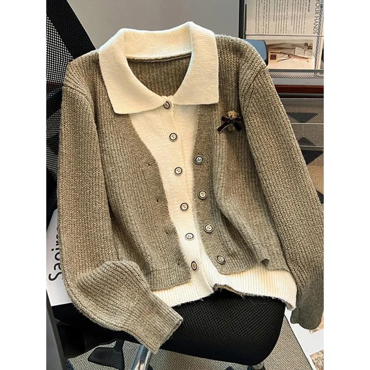 学院风小熊撞色假两件毛衣女秋款设计感polo领针织休闲衫显瘦外套