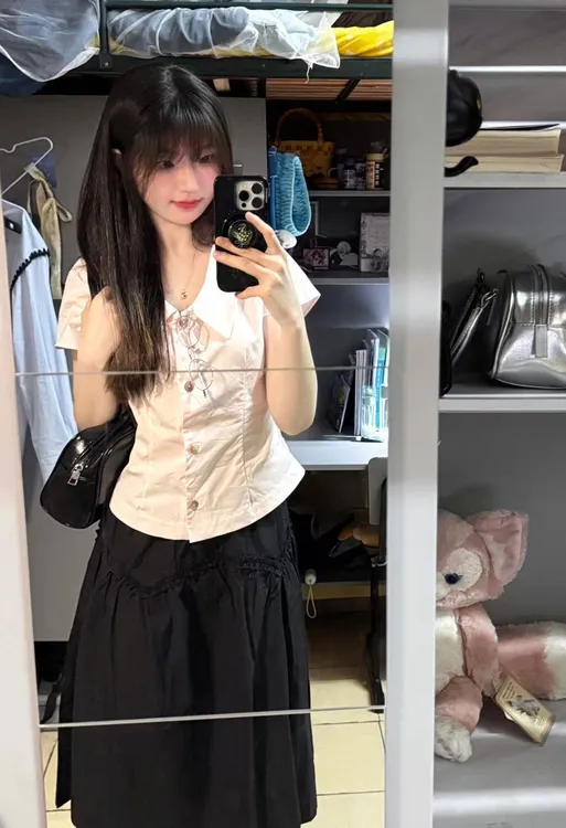 2025春夏新款甜美风粉色收腰短袖衬衫女设计感上衣百搭半身裙套装