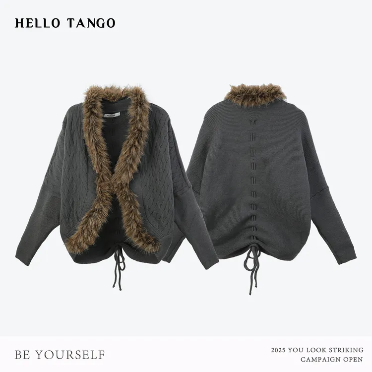 HELLOTANGO《西部派对》秋冬复古蝙蝠袖毛领抽褶针织开衫外套8356#