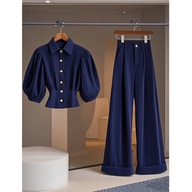 2025春装搭配一整套时尚小香风藏蓝色泡泡袖polo领衬衫裤子套装女