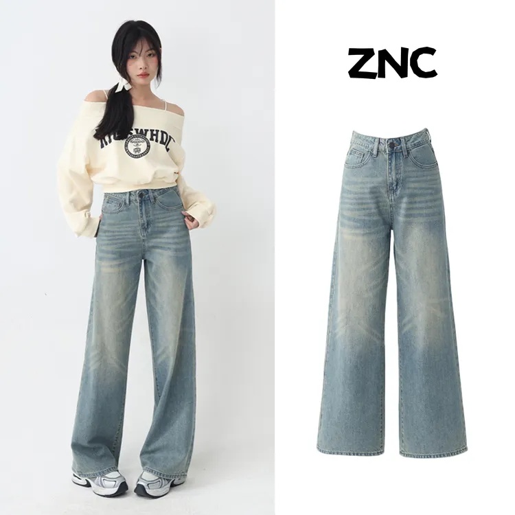 美式复古水洗牛仔裤女2025春夏新款烟花纹撞色怀旧直筒阔腿拖地裤