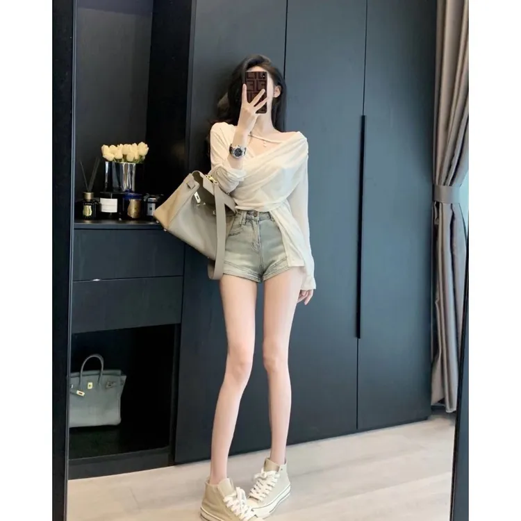 不规则防晒针织衫女夏季设计小众薄款露肩长袖t恤上衣