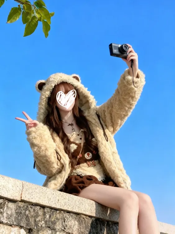 【萌熊出没】冬季甜美可爱萌系小熊设计甜美外套长袖内搭背带裤套装