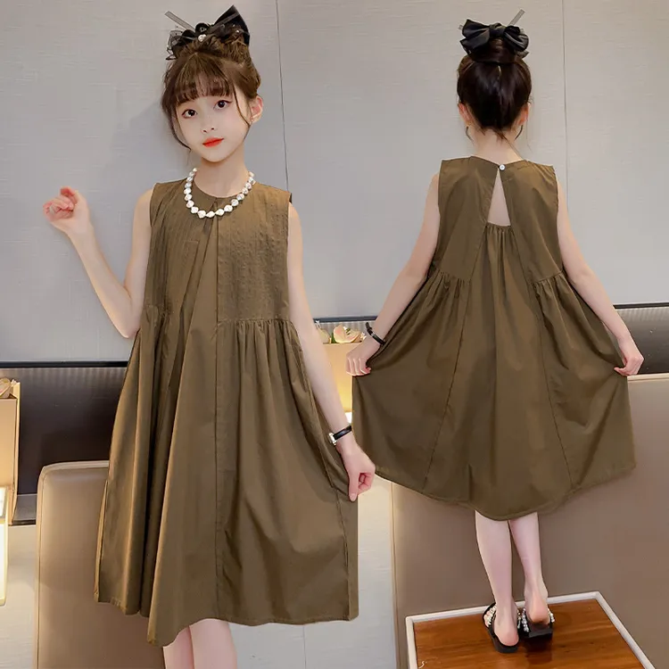 77童装洋气范女童无袖连衣裙夏季中大童咖色公主裙童裙儿童中长款