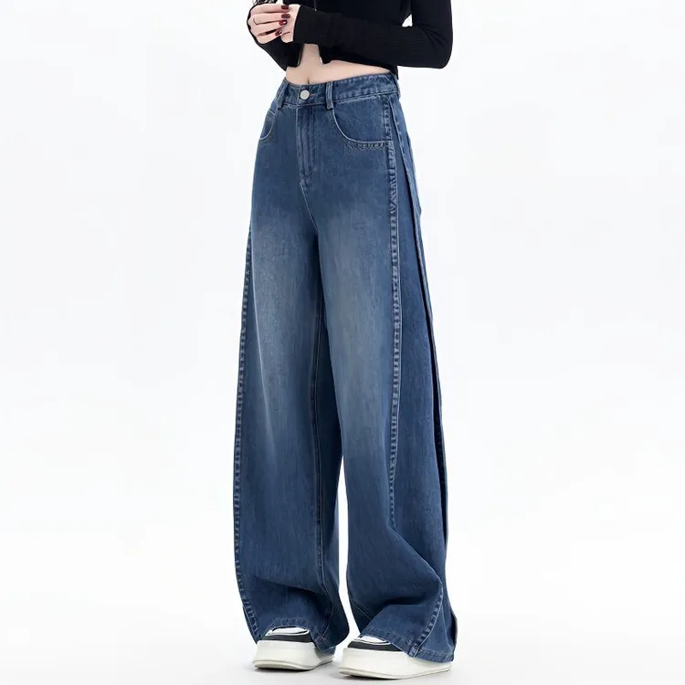 蓝色阔腿牛仔裤女2026新款复古高腰大阔腿裤拖地裤百搭宽松长裤女