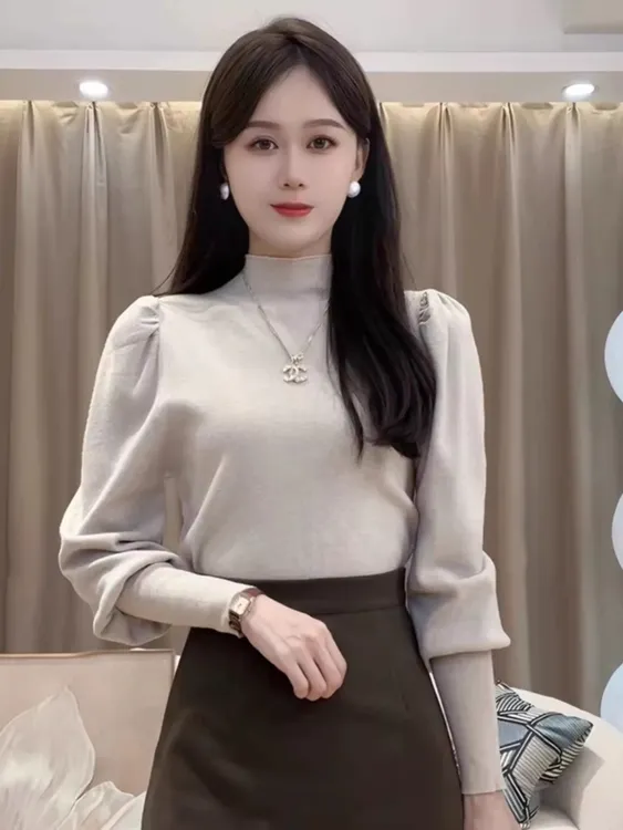 泡泡袖打底衫女春秋冬2025新款高领套头洋气内搭可外穿针织衫上衣