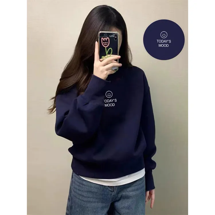 藏青色圆领独特别致小个子加绒卫衣女秋冬设计感正肩小众上衣洋气