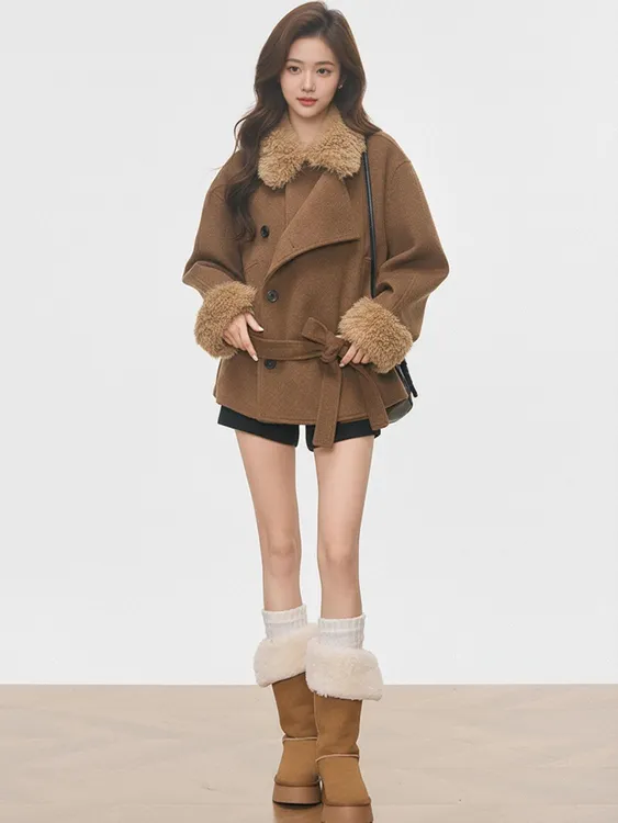 毛领毛袖加棉加厚毛呢大衣女2025新款秋冬季小个子高级感短款外套