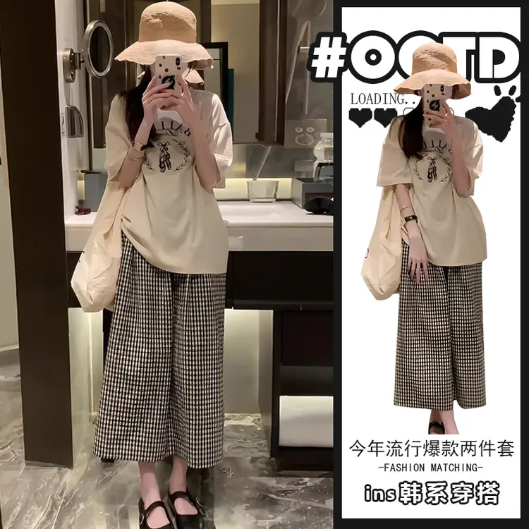 夏季时尚韩系穿搭一整套慵懒宽松印花短袖T恤阔腿格子休闲裤套装