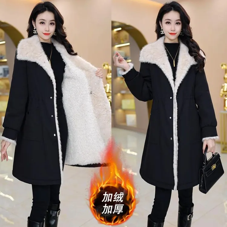 加绒加厚外套女冬高级感中长款显瘦洋气毛呢大衣高贵气质毛毛翻领