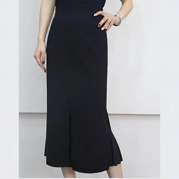 哥弟时尚高腰开叉鱼尾裙黑色中长款显瘦半身裙1200232夏季气质