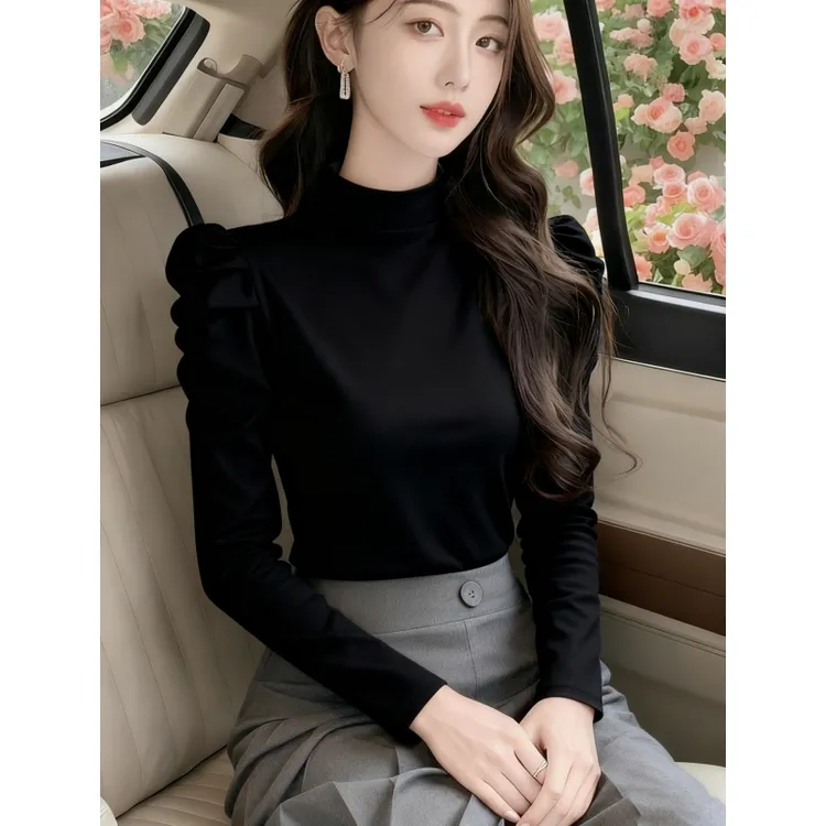 设计感小众泡泡袖长袖T恤女秋冬洋气内搭德绒打底衫修身显瘦上衣