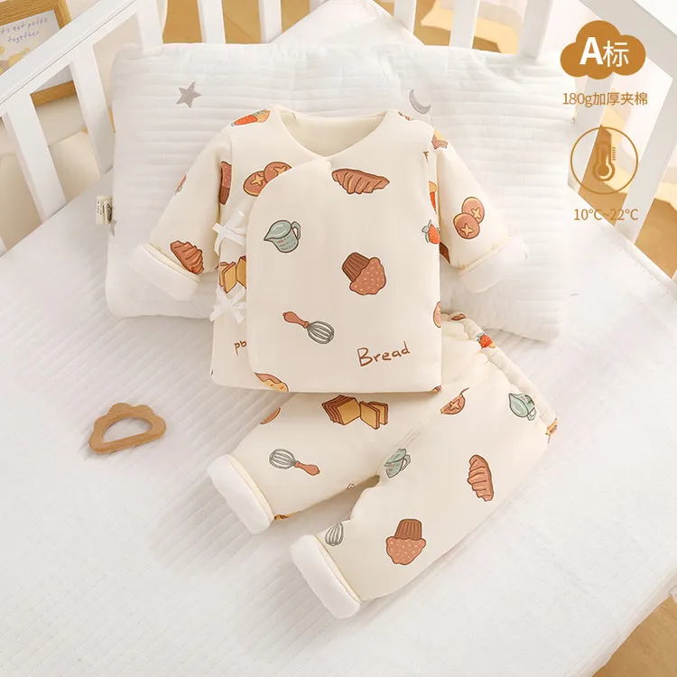 160g新生儿夹棉套装刚出生宝宝加厚和尚服宝宝两件套婴儿分体棉衣