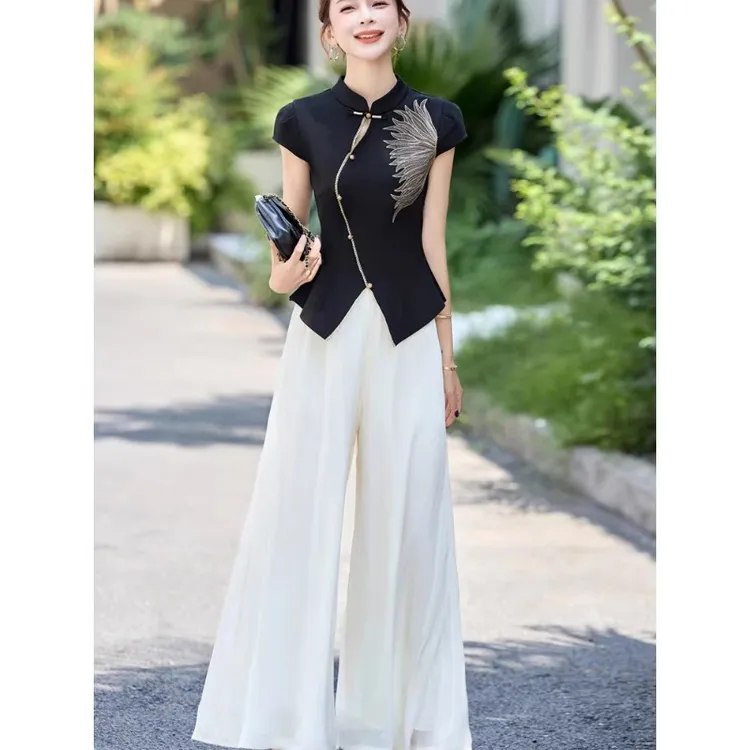 〈纪朵研〉1041新中式套装女夏高级设计复古盘扣刺绣时尚洋气阔腿裤