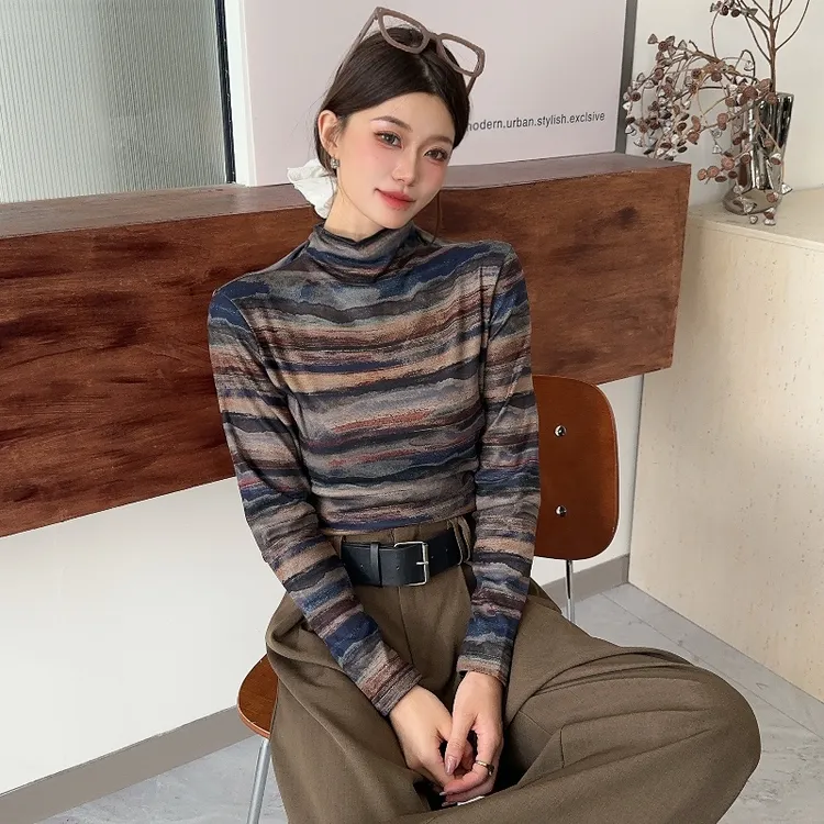 秋冬德绒女士亲肤气质保暖衫保暖搭子半高圆领-水墨丹青