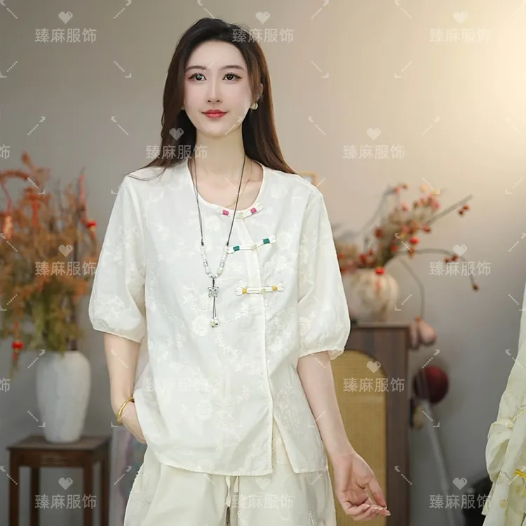 夏装新款爆款圆领女装衬衫上衣民族风常规刺绣短袖长袖小衫9085