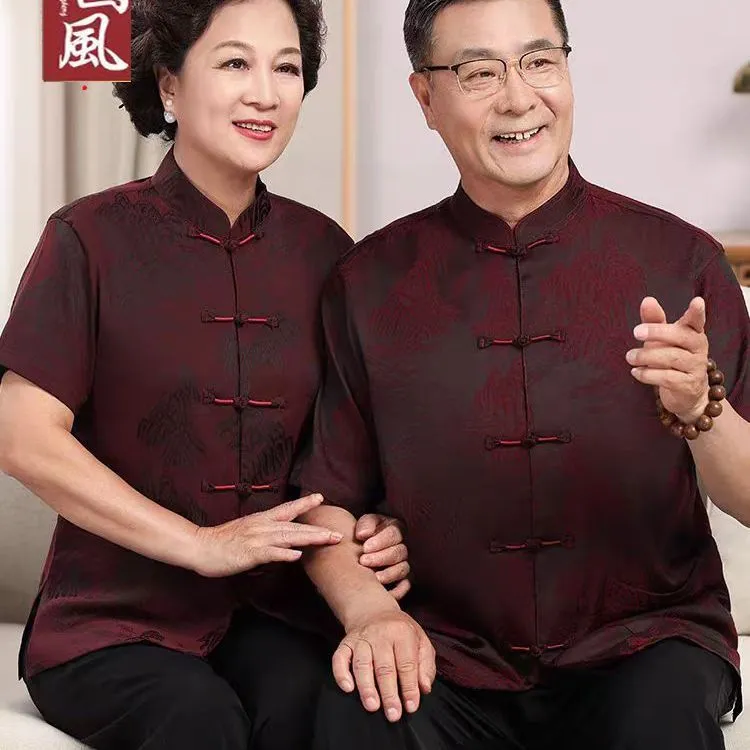 桑蚕丝唐装父母装短袖夏季爷爷奶奶情侣装老人生日祝寿结婚宴装