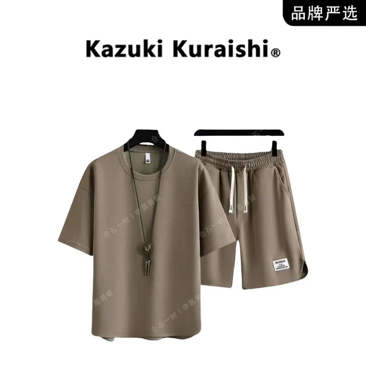 仓石一树休闲套装男士夏季冰丝潮短袖T恤透气衣服男士网红款衣服