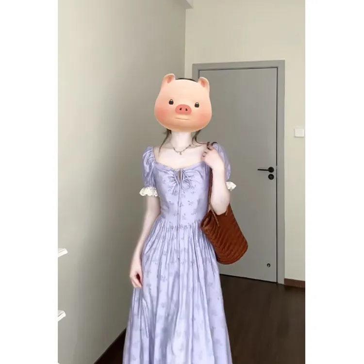 法式气质高级感轻奢甜美紫色连衣裙夏季新款收腰百搭碎花A字长裙