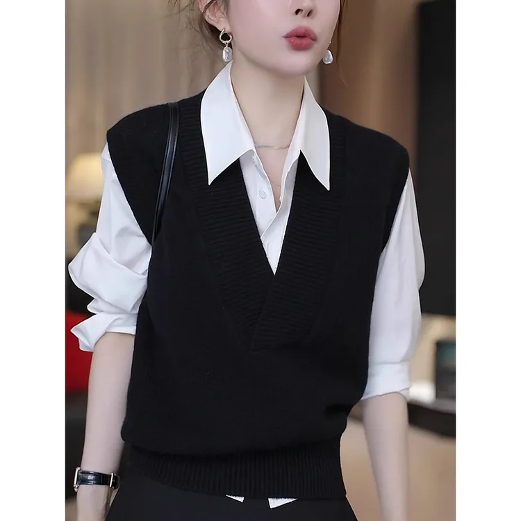 流行叠穿韩系大V领宽松休闲针织马甲通勤高级感2025秋冬针织马甲