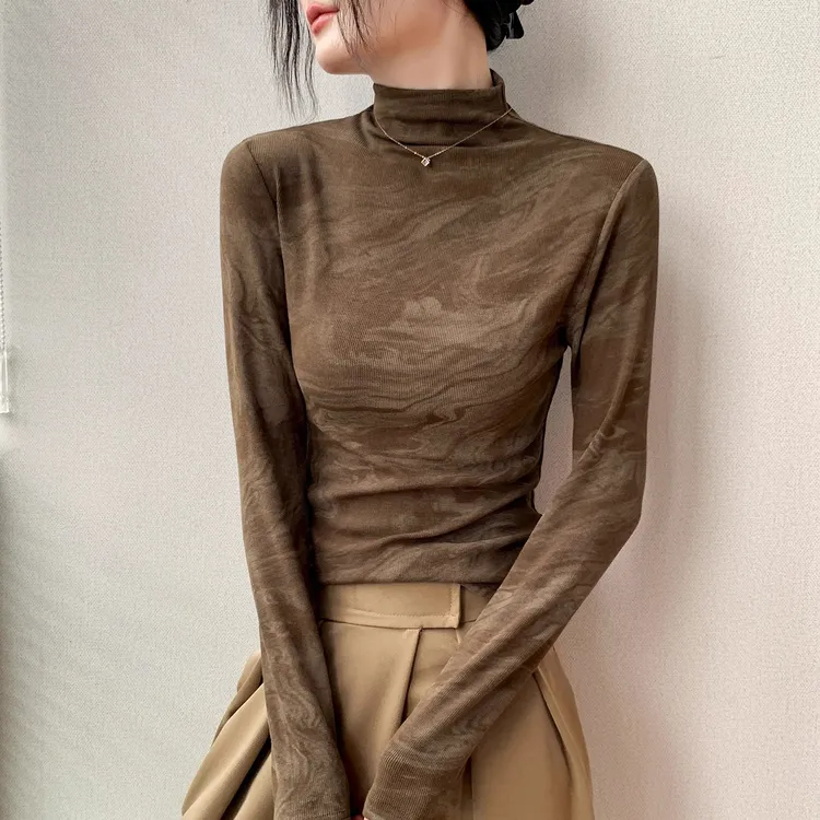 半高领扎染长袖T恤女秋季2025新款修身内搭打底衫绝美巨好看上衣