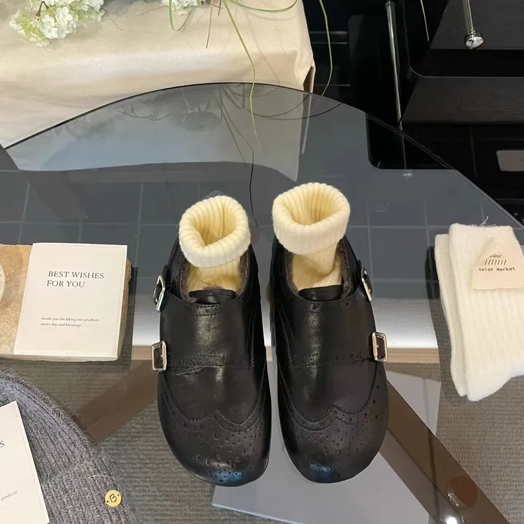 秋冬新款民族风布洛克雕花勃肯鞋女加绒保暖内增高韩版圆头棉鞋