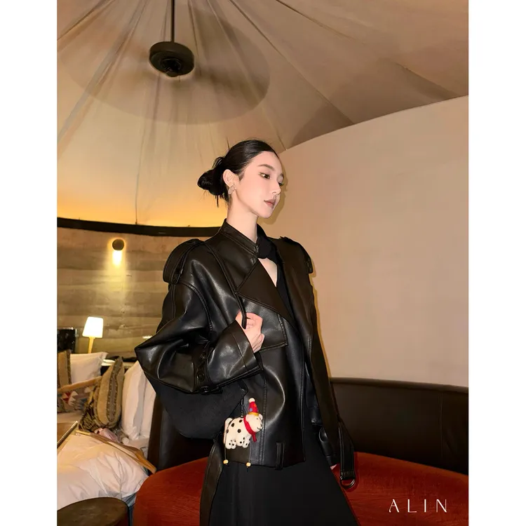 阿琳ALIN【暗影黑巧】短款PU皮衣外套女百搭机车服夹克上衣AL5HSP10
