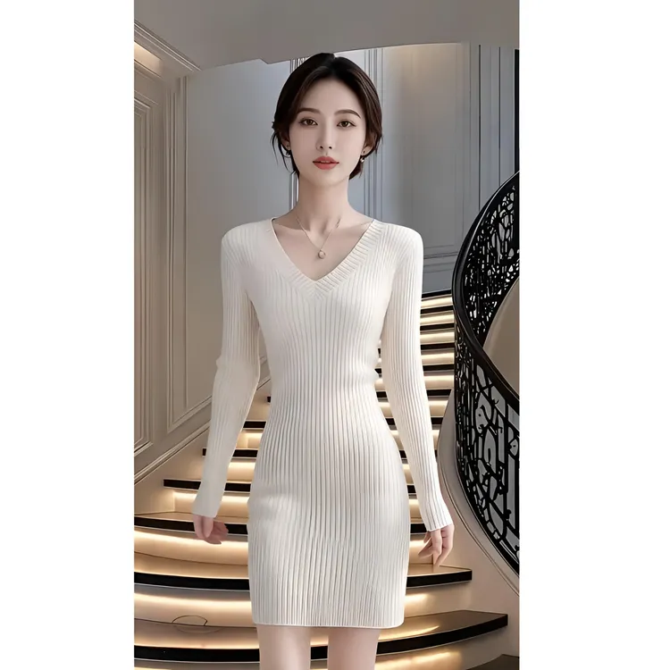 秋冬新款气质加厚V领针织连衣裙女修身显瘦毛衣包臀短裙打底内搭