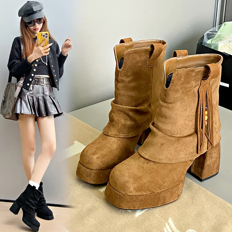 西部牛仔堆堆靴女2025新款冬季褶皱裤管短靴复古粗跟高跟马丁靴子