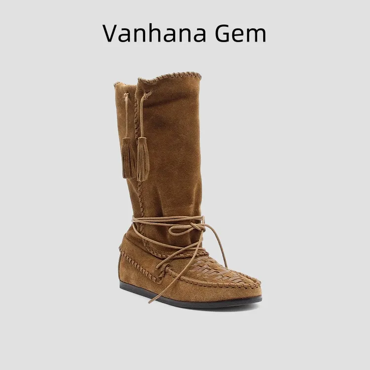 VANHANA GEM欧货棕色户外复古中筒系带女靴真皮平底时尚靴子