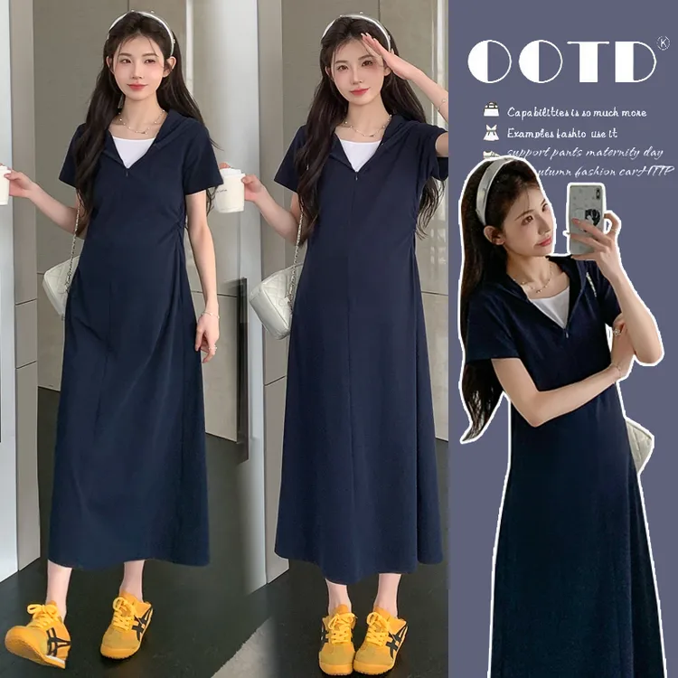 时髦孕妇装夏季高级感慵懒风藏青色简约休闲假两件拼接连帽连衣裙