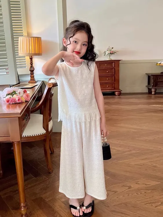 女童夏季洋气名媛风时髦流苏背心阔腿裤两件套装