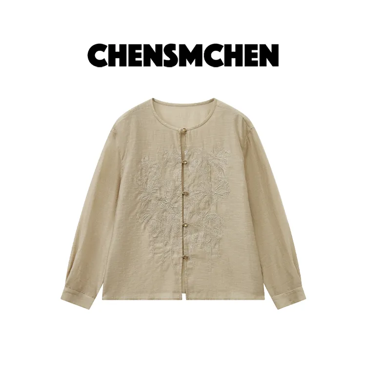 CHENSMCHEN 纯色刺绣圆领长袖衬衫女简约休闲百搭衬衣CSW6803RH