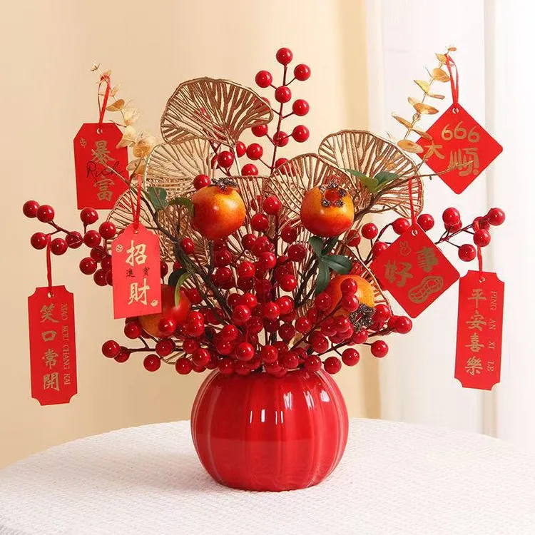 轻奢新款仿真红果石榴果红浆果高档电视柜玄关创意新中式花艺摆件