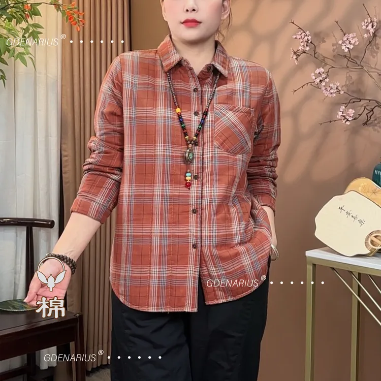 夹棉加厚线条格纹单兜方领长袖衬衫舒适好穿易打理宽松上衣8551