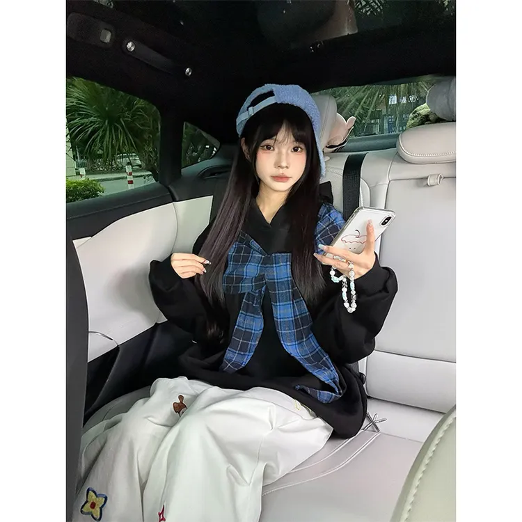 美式系带设计感连帽卫衣男女情侣新款秋冬套头百搭宽松外套上衣