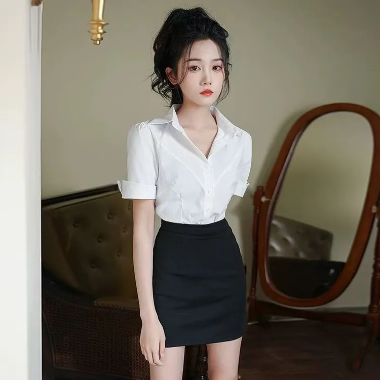 白色衬衫女职业装衬衣包臀裙酒店前台技师工作服工装面试正装套装