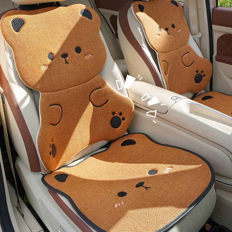 汽车夏凉坐垫卡通小熊四季通用亚麻透气车内后排单片可爱女士座套