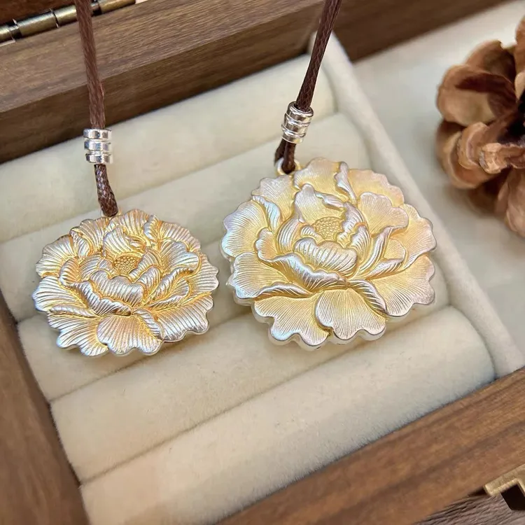 吊坠足银 正品S999描金牡丹花足银项链国潮新中式双面牡丹花吊坠