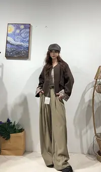 155区228660咖色韩系印花拼接毛呢小个子高级感宽松外套