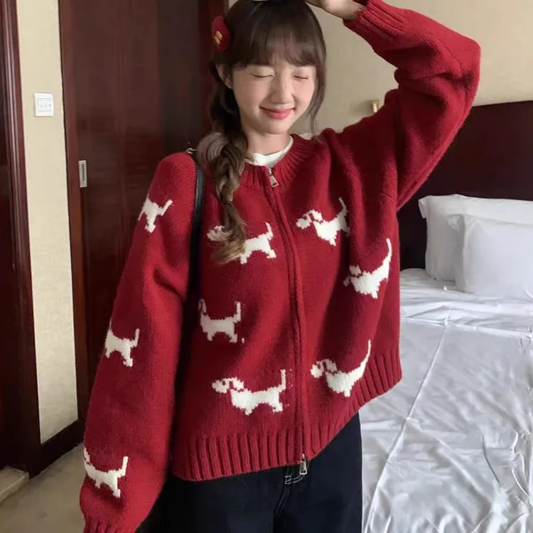 韩系小狗图案双拉链针织开衫外套女秋巨好看复古百搭毛衣上衣秋冬