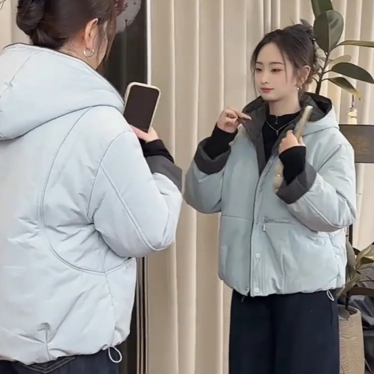 韩系简约连帽短外套女2025冬季新款加厚保暖宽松高级感棉服上衣潮