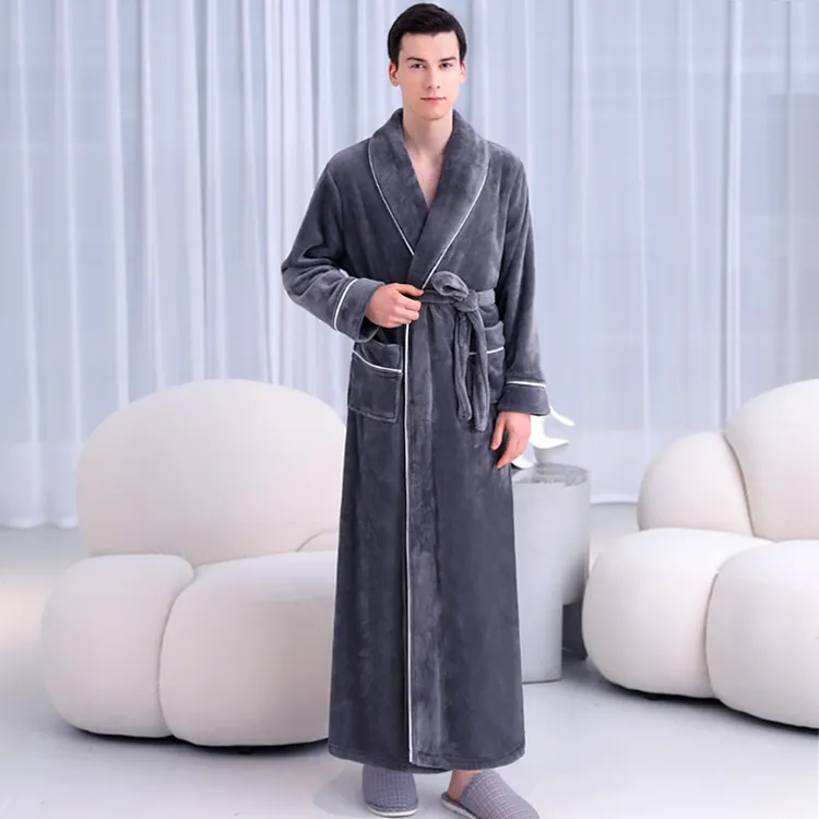 加长款睡袍男士秋冬季加厚珊瑚绒加大码家居服男法兰绒浴袍睡衣女