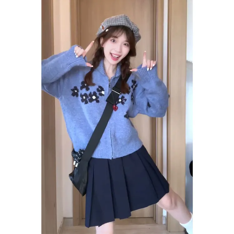 2025秋季新款女韩系穿搭宽松翻领长袖毛衣开衫高腰显瘦百褶半身裙