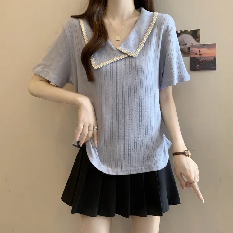 大码胖mm显瘦正肩蓝色短袖T恤女夏新款设计感polo领上衣