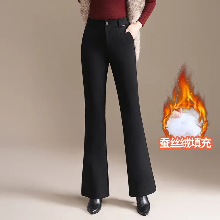 蚕丝微喇裤女冬季加厚棉裤显瘦高腰显瘦松紧腰中年妈妈保暖长裤
