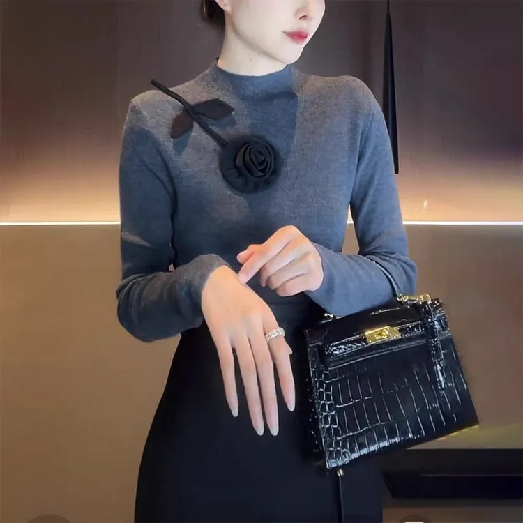 正品撤柜羊毛衫立体玫瑰花朵半高领针织打底衫新款修身内搭毛衣
