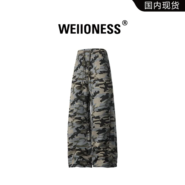 WEIIONESS美式高街迷彩印花休闲裤男秋季vintage宽松垂感直筒裤子