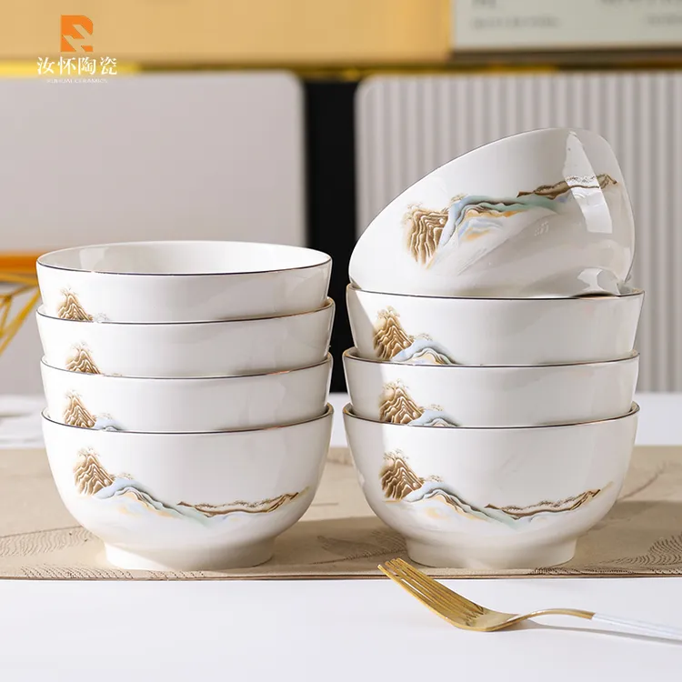 新款云水涧碗轻奢金边陶瓷饭碗高档家用米饭碗山水风格碗家用饭碗
