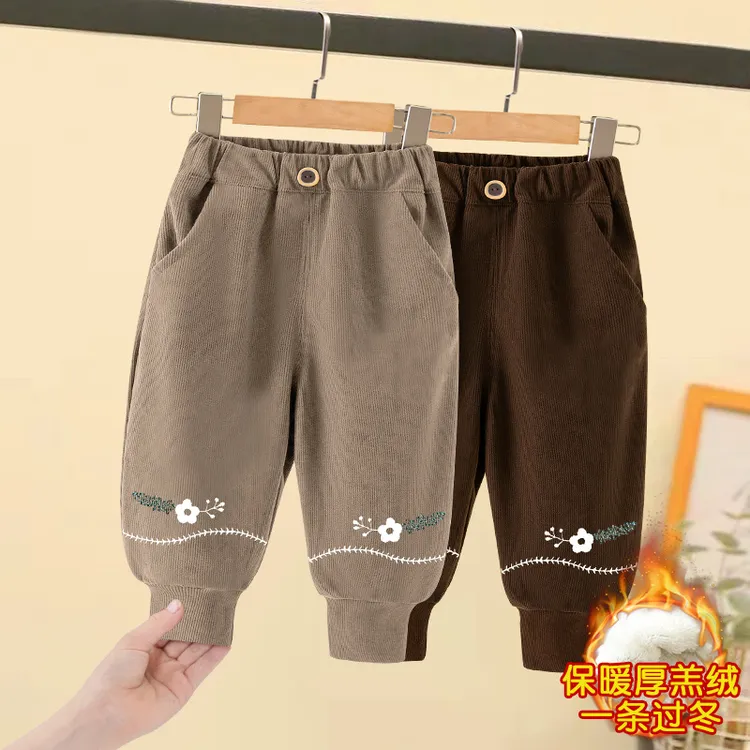 女童秋冬款羊羔绒加厚卫裤小女孩时尚刺绣运动长裤宝宝冬季保暖裤